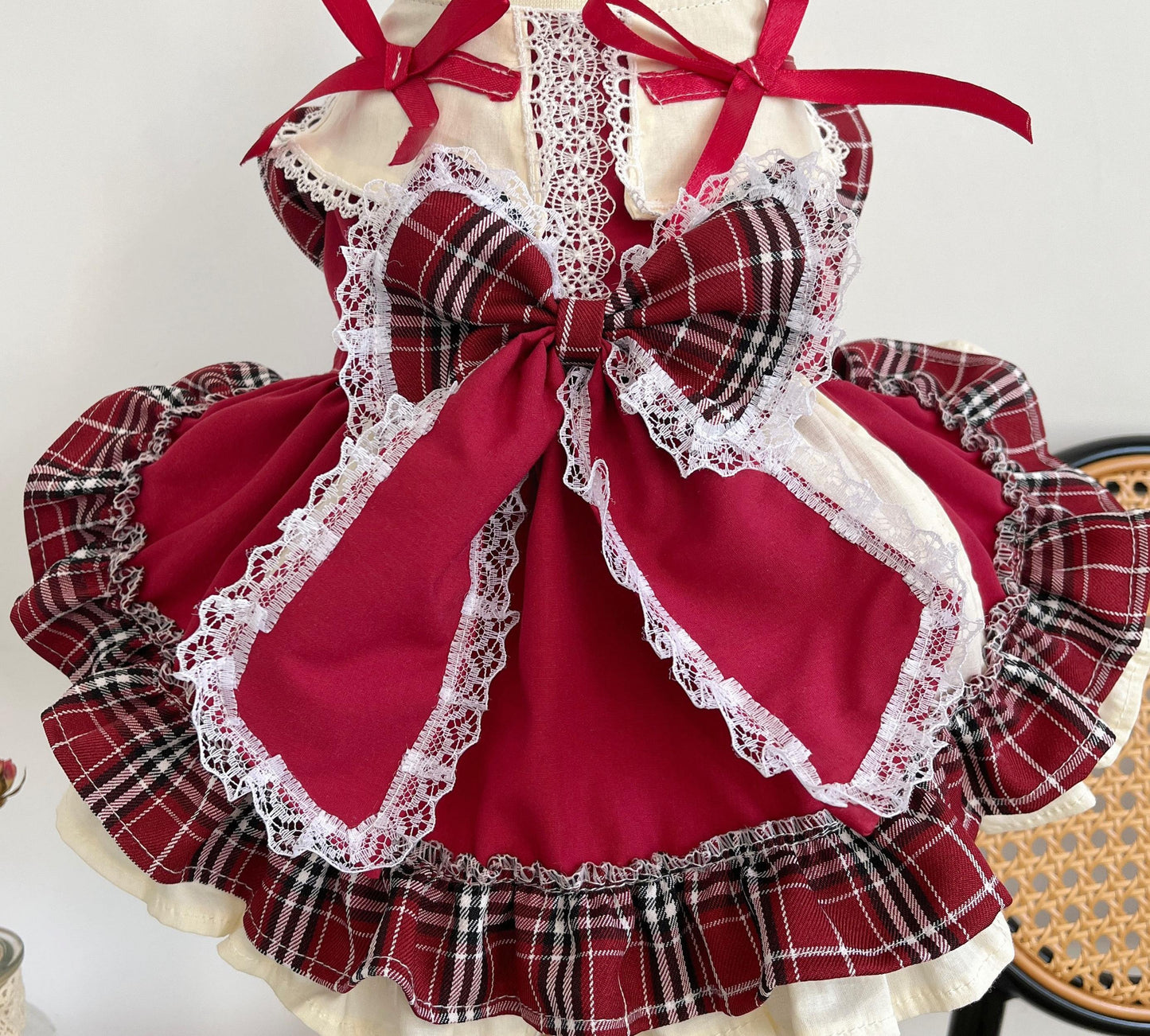 Princess Lolita Dress With Pet Bow Plaid Lace