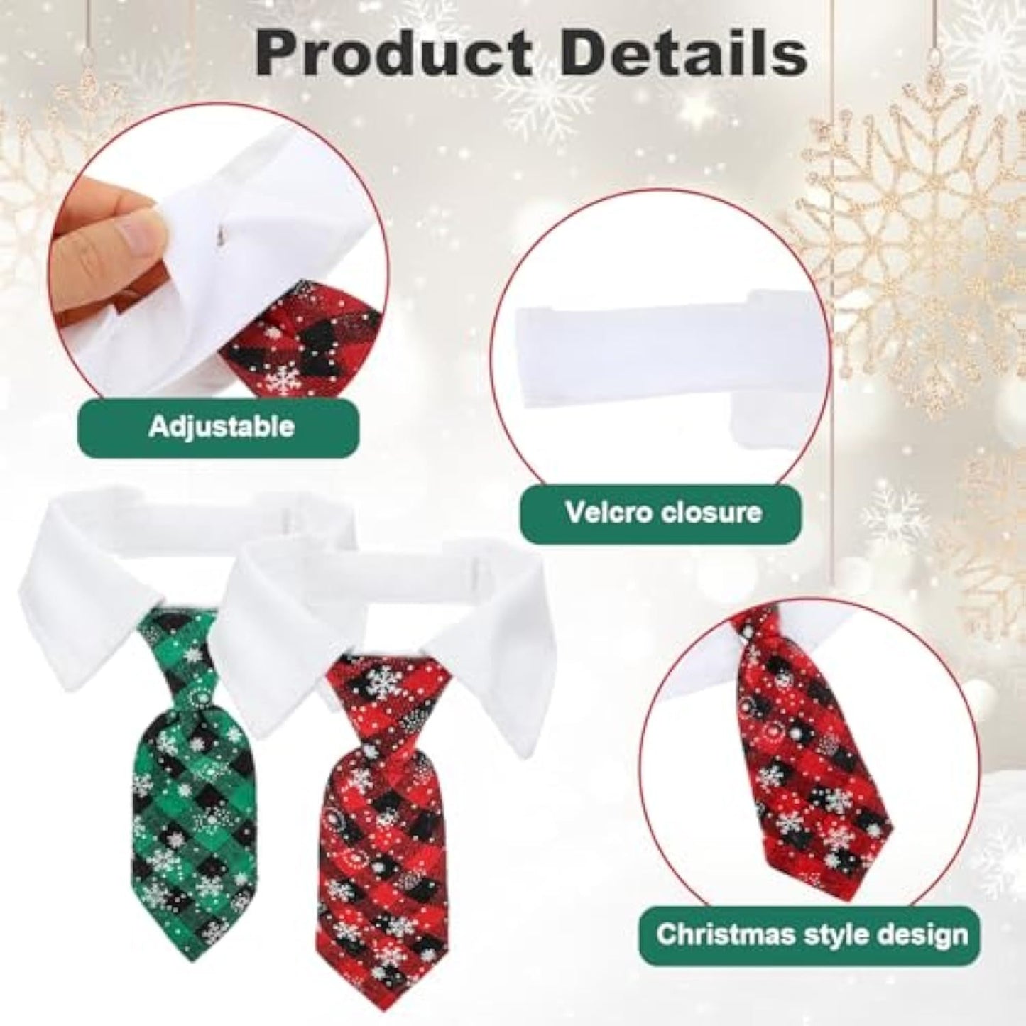 Christmas Dog Necktie, Adjustable Winter Snowflake Pattern Pet Tie Collar With Red Plaid For Small Medium Cat Dog Christmas Weddings Pet Tuxedo Outfit Decoration