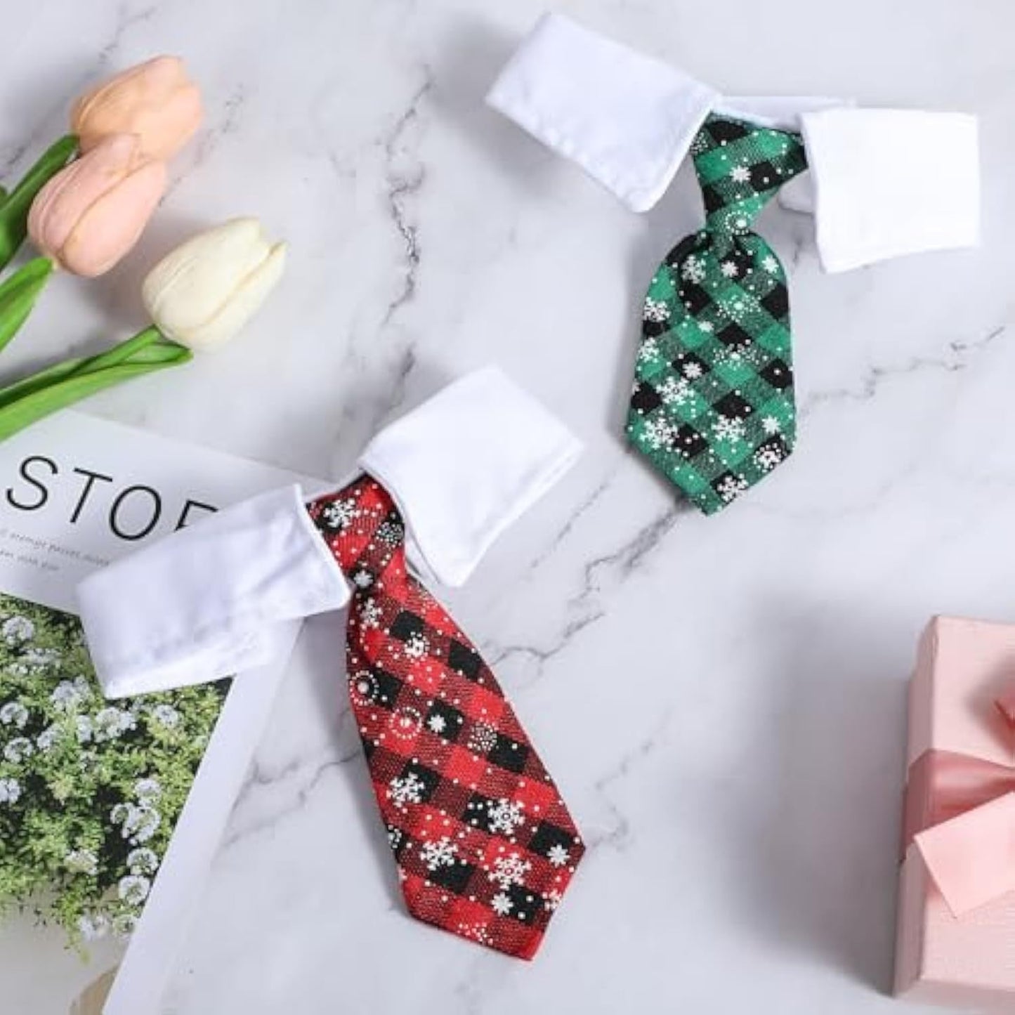 Christmas Dog Necktie, Adjustable Winter Snowflake Pattern Pet Tie Collar With Red Plaid For Small Medium Cat Dog Christmas Weddings Pet Tuxedo Outfit Decoration