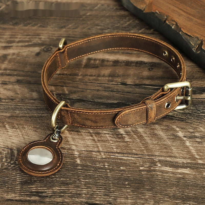 Retro Double-sided Cowhide Dog Collar Handmade Halter Positioning Tracking Anti-lost