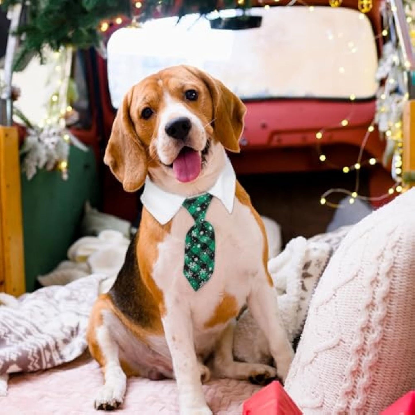 Christmas Dog Necktie, Adjustable Winter Snowflake Pattern Pet Tie Collar With Red Plaid For Small Medium Cat Dog Christmas Weddings Pet Tuxedo Outfit Decoration