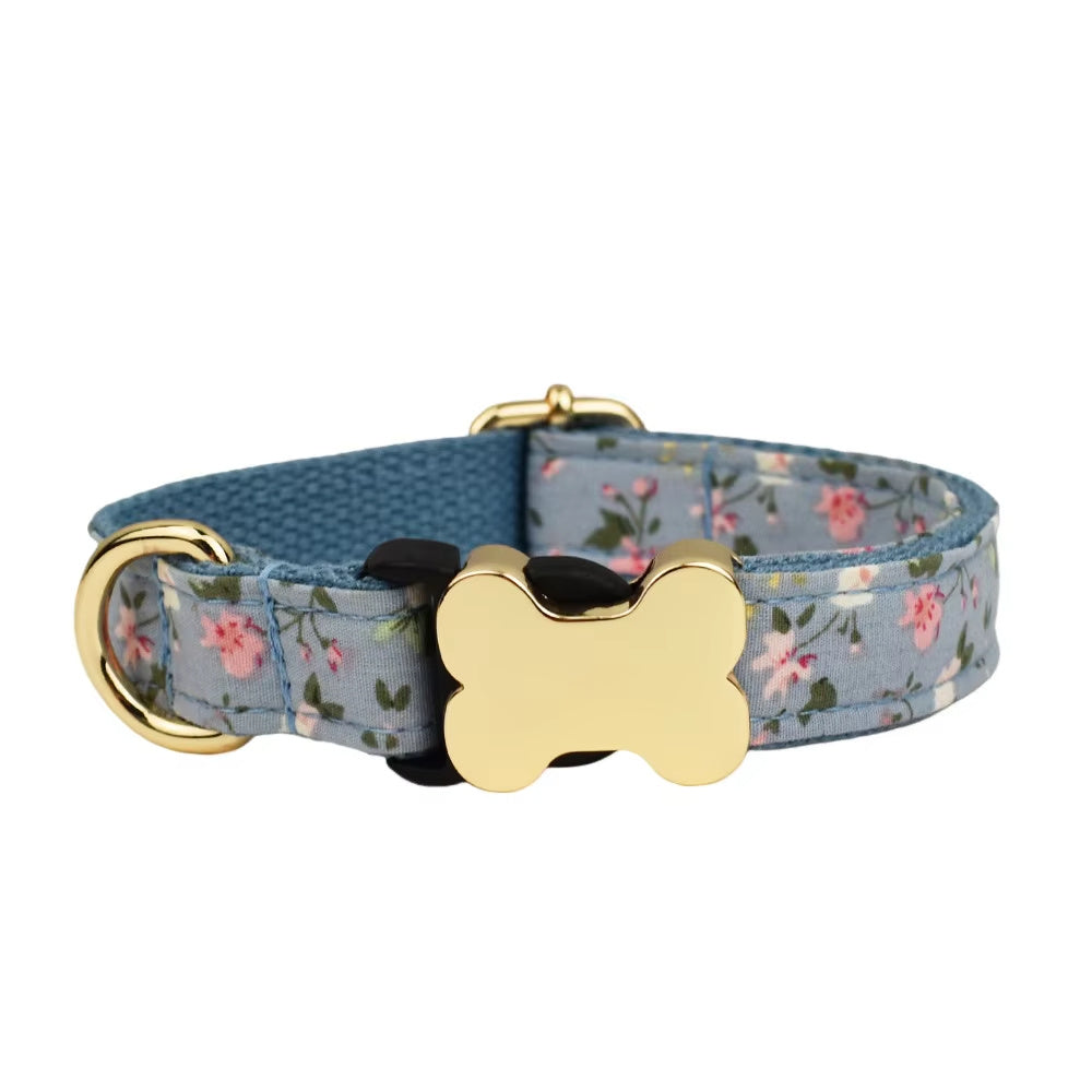 Flat Fabric Printed Grid Series Bone Buckle Dog Collar