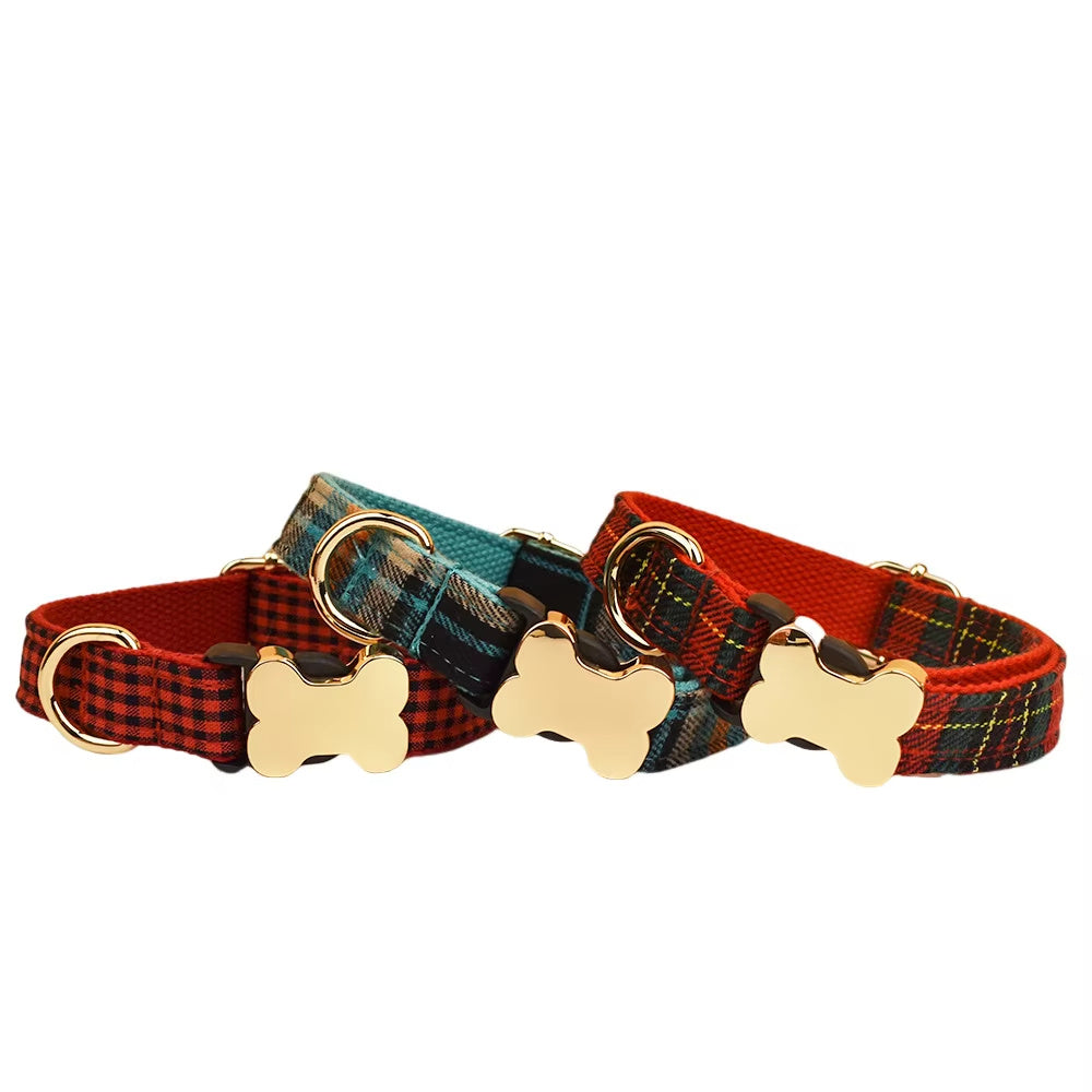 Flat Fabric Printed Grid Series Bone Buckle Dog Collar