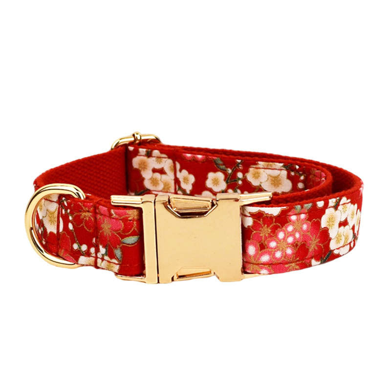 Japanese Floral Dog Collar Alloy Buckle Hand Holding Rope Pet Collar