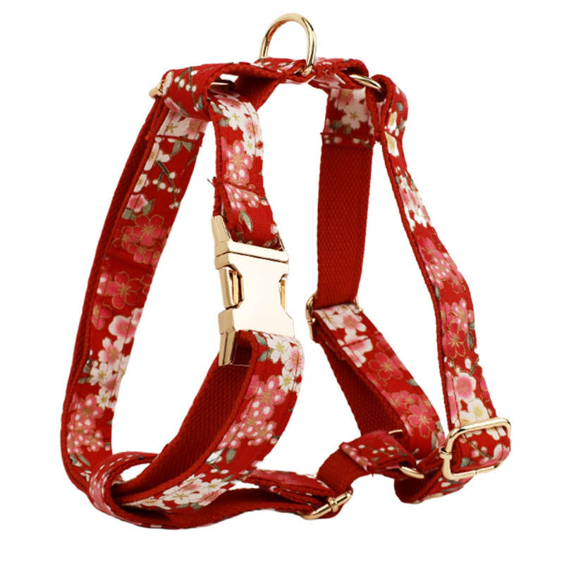Japanese Floral Dog Collar Alloy Buckle Hand Holding Rope Pet Collar